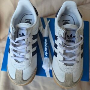 adidas Kids White Samoa I Sneakers with Navy Stripes and Gum Outsole